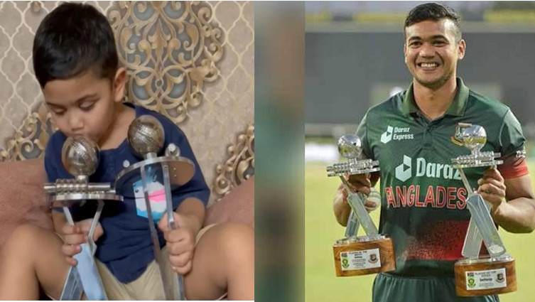 দক্ষিণ আফ্রিকা থেকে আনা ওয়ানডে সিরিজের দুটি ট্রফিতে সন্তানের চুমু গর্বে তাসকিনের বুক চওড়া